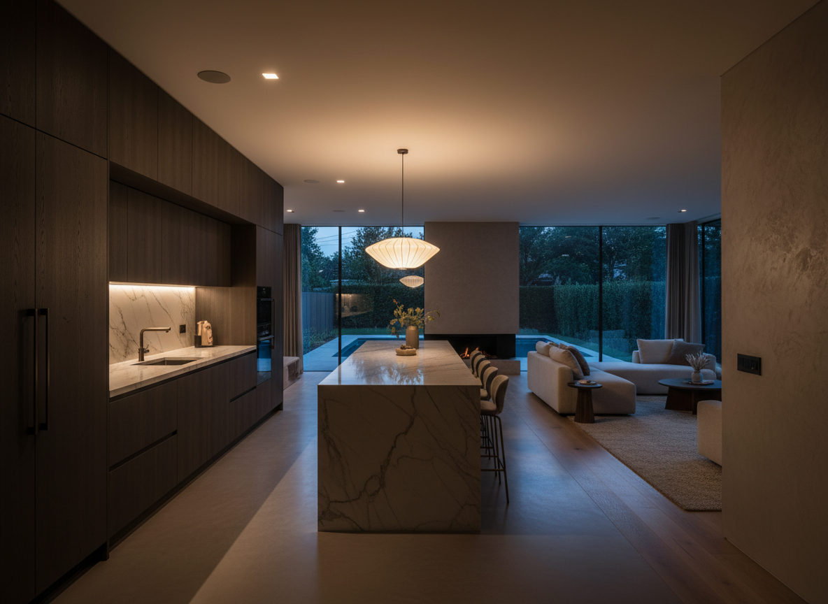 A beautifully renovated modern home interior with warm ambient lighting and premium finishes